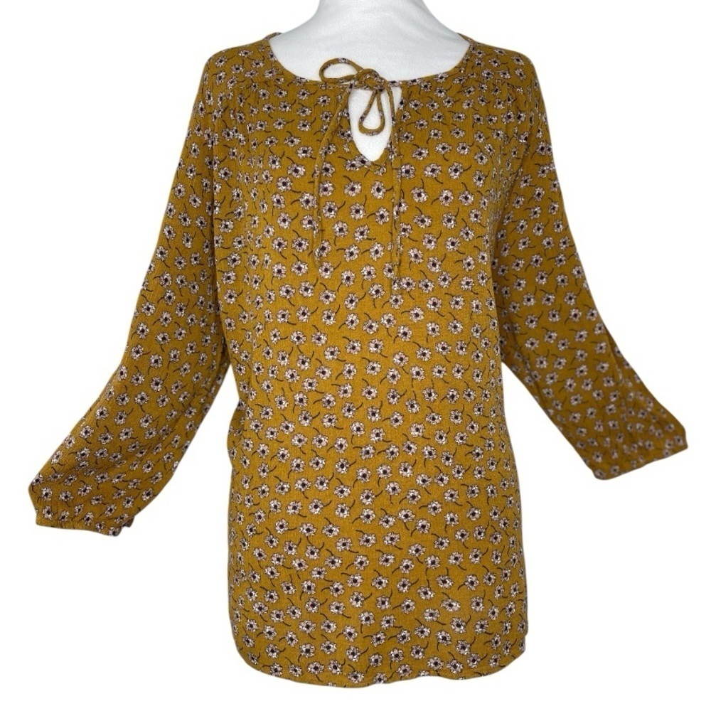 Les Serein Chic Floral Mustard Long Sleeve Tie Neck Key Hole Blouse Size 2X